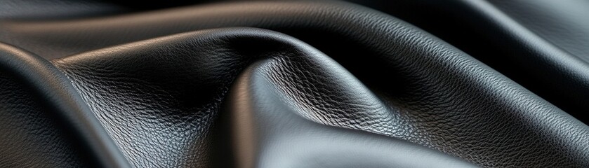 Poster - Textured black leather displays intricate folds illuminated by dramatic lighting, casting deep shadows and creating a rich interplay of highlights suitable for modern design applications