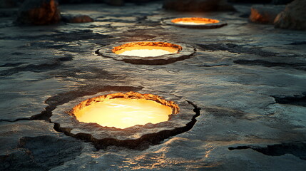 Poster - Glowing Circular Pools of Light on Textured Rock Surface in an Otherworldly Landscape at Twilight
