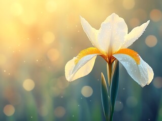 Poster - Beautiful white iris flower in soft sunlight bokeh background.  Possible use greeting card, website banner, nature poster