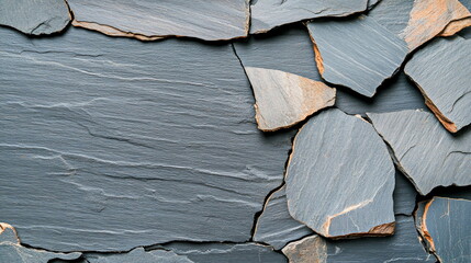 Poster - Close-Up View of Layered Slate Stone Textures with Various Shades of Gray and Earthy Tones for Background Design
