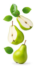 Wall Mural - Green pears slices floating in the air, isolated white background