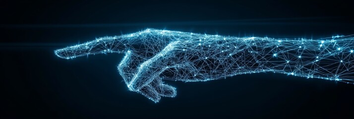 Poster - Wireframe Of A Hand Reaching Out To Connect With A Glowing Interconnected Network On Blue Background