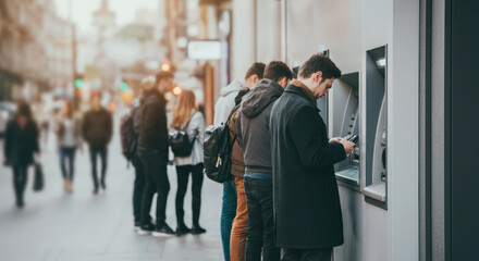 group of people waiting in line at an atm on a busy city street with a mix of modern urban styles an