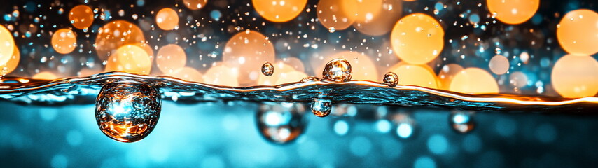 Poster - Captivating Water Droplets Floating Above Vibrant Bokeh Lights in Blue and Orange Background