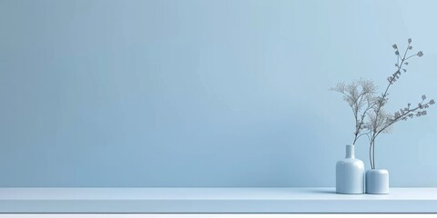 Poster - A minimalist design featuring a soft pastel blue backdrop, Asymmetrical arrangement of minimalist elements, Contemporary minimalist style