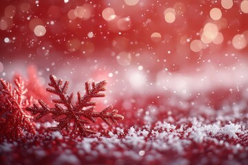 Wall Mural - Red background with white snowflakes, blurred and bokeh effect, high-resolution, professional photograph