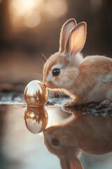 Poster - A delicate rabbit observes a mirror-like pool of shimmering gold. Its reflection transforms into a glowing Easter egg, capturing the essence of renewal and self-discovery in the soft light