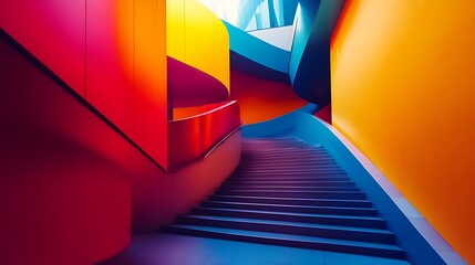 Aufkleber - Vibrant colorful modern staircase in abstract architecture.  Possible use for background/interior design