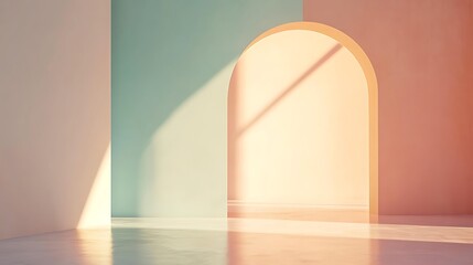 Canvas Print - Empty archway, sunlit pastel interior, minimalist, studio shot