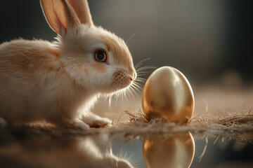 Poster - In a tranquil setting, a delicate rabbit curiously peers into a mirror-like pool reflecting a glowing Easter egg, embodying themes of renewal and self-discovery during springtime