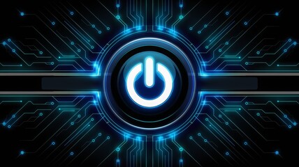 Fototapete - Digital Glowing Power Button with circuitry pattern, Symbolizing Technology, Energy, and Innovation.

