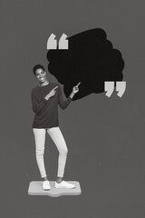 Wall Mural - Vertical collage picture of positive black white effect person indicate fingers empty space dialogue bubble isolated on green background