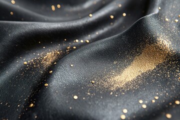 Poster - Rich black leather shows a distressed texture, scattered with gold dust that softly glows. This combination brings a luxurious feel, perfect for design and artistic expressions