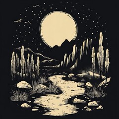 Poster - Desert night landscape with moon, graphic design