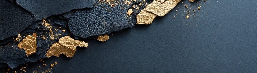 Poster - Distressed black leather features a unique texture scattered with softly glowing gold dust, showcasing a harmonious mix of raw luxury and refined elegance with ample negative space for design