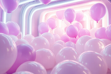 Poster - A surreal atmosphere captivates with iridescent balloons softly glowing in various shades. The balloons float serenely amid a high-tech neon backdrop, creating a magical setting