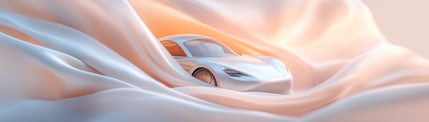 Poster - A sleek car is gently enveloped in soft, flowing silk fabric, bathed in warm light that highlights its curves and creates an inviting atmosphere of safety and serenity
