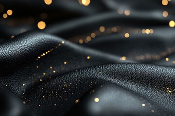 Poster - Rich black leather features a soft focus with dreamy blurred edges and glowing golden light flares, creating a luxurious background perfect for branding expressions or design elements