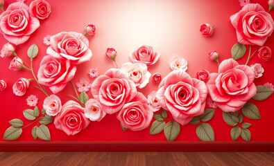 Wall Mural - red bright wall background with roses beautiful floral wallpaper with romantic elegant flowers 3d re