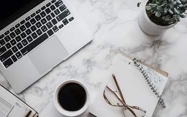 Aufkleber - Laptop coffee notepad marble surface workspace
