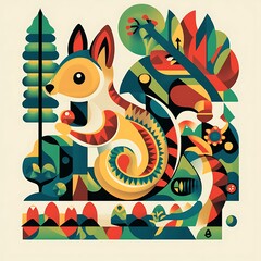 Poster - Colorful abstract illustration of a possum in a stylized forest.  Possible use Children's book cover or print