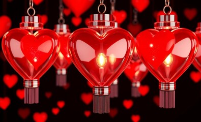 Wall Mural - glass red heart lanterns glow on a dark background glass red heart lamps with ornament decoration fo