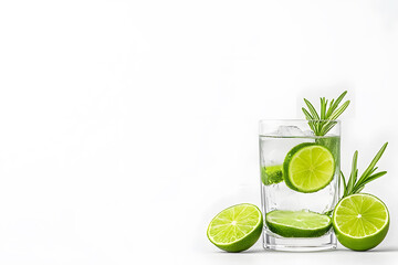 Sticker - Alcoholic drink gin tonic cocktail with lemon, rosemary and ice isolated on white backdrop
