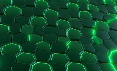 Wall Mural - abstract pattern of black hexagons with green neon lights forming a wave-like structure creating an 
