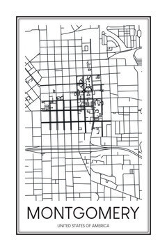 Printable downtown road map poster of the American city of MONTGOMERY on solid white background with city name