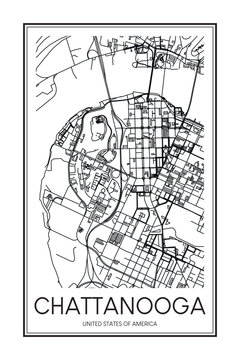 Printable downtown road map poster of the USA city of CHATTANOOGA on solid white background with city name