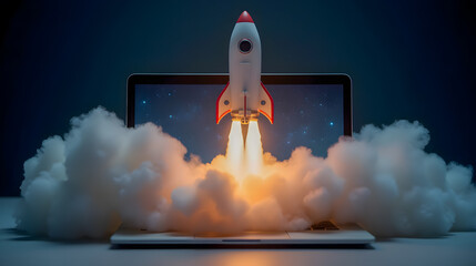 Poster - Creative Concept of a Miniature Rocket Launching from a Laptop on a Dark Background with Clouds and Stars in a Futuristic Scene