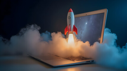 Poster - Creative concept of a launching rocket from a laptop with smoke, symbolizing technological advancement and innovation in digital space