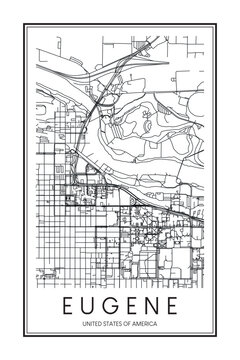 Printable downtown road map poster of the USA city of EUGENE on solid white background with city name