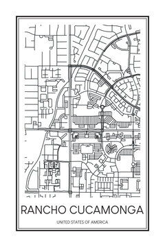 Printable downtown road map poster of the USA city of RANCHO CUCAMONGA on solid white background with city name
