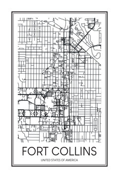 Printable downtown road map poster of the USA city of FORT COLLINS on solid white background with city name