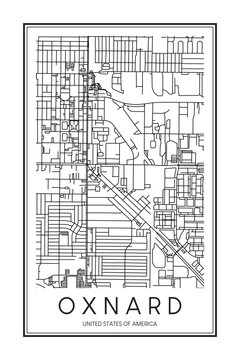 Printable downtown road map poster of the USA city of OXNARD on solid white background with city name