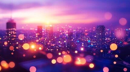 Poster - Vibrant Cityscape at Sunset with Interconnected Network Glowing, Innovation and Technology Concept
