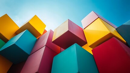 Poster - Colorful Cubes against a Blue Sky; Abstract Geometric Art; Low Angle View; Background Design