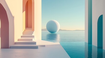 Poster - Pastel Architecture by the Sea; Minimalist Coastal Scene; Ideal for Product Photography