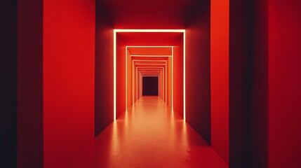 Poster - Red Neon Tunnel, Abstract Corridor, Perspective, Futuristic