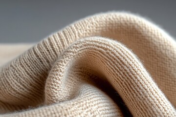 Poster - A close-up view reveals a tightly woven beige knitted fabric with soft folds. The interplay of light and deep shadows creates a rich, moody texture, emphasizing the fabric's quality