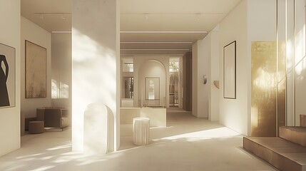 Poster - Modern gallery hallway, sunlight, minimalist art, interior design, retail space