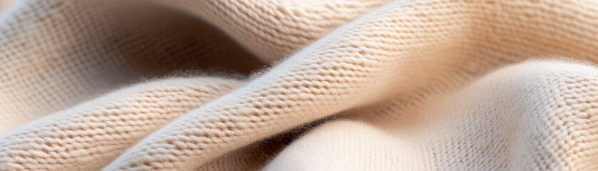Poster - A tightly woven beige knitted fabric showcases soft, elegant folds. The interplay of light and shadow creates a sophisticated, moody atmosphere, enhancing the fabric's texture and depth