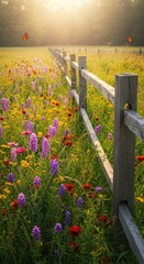 Wall Mural - Sunlit wildflower meadow with rustic wooden fence and butterflies in morning glow