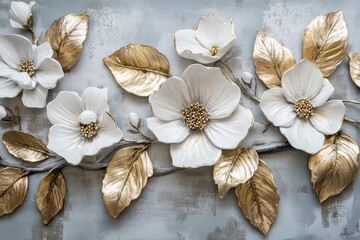 Wall Mural - White and Gold Flowers on Gray Textured Background, for Wall Art