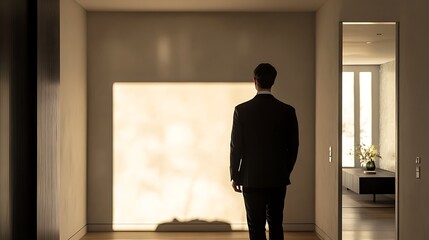 Poster - Man in suit, modern hallway, light filtering through wall, interior, architectural