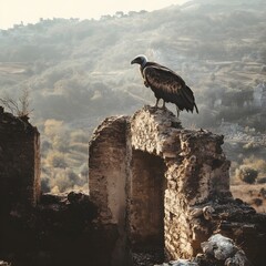 A photo of a vulture perched on an ancient ruin, its beady eyes scanning the dry earth below. 
