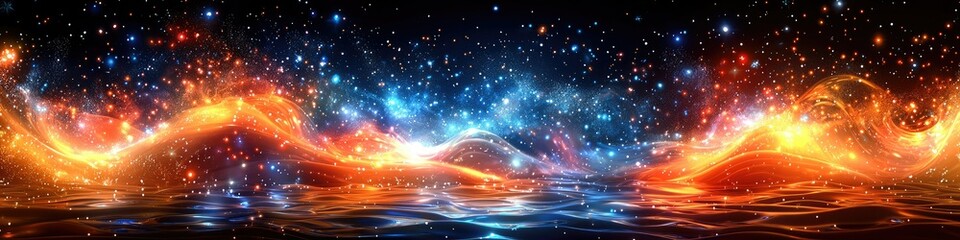 Poster - Abstract Cosmic Landscape With Fiery Orange And Blue Nebula