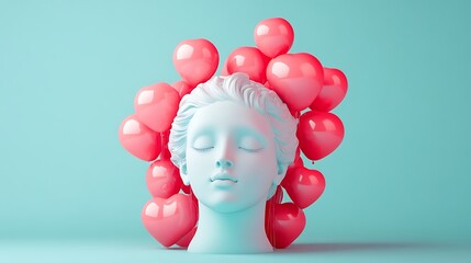 Aufkleber - Pastel Head Sculpture with Heart Balloons; Minimalist Art; Studio Display