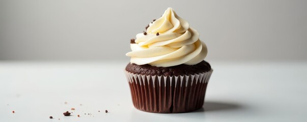 Chocolate cupcake with buttercream frosting, white table, soft light, home baking, cake